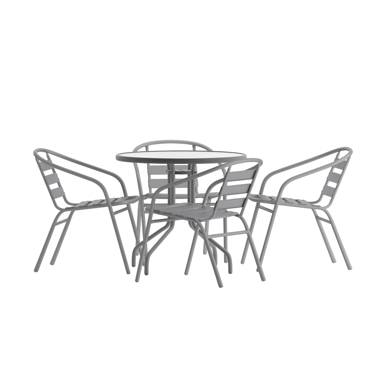 Emma and Oliver Rhea 31.5'' Round Glass Top Metal Table with 4 Aluminum Slat Stack Chairs